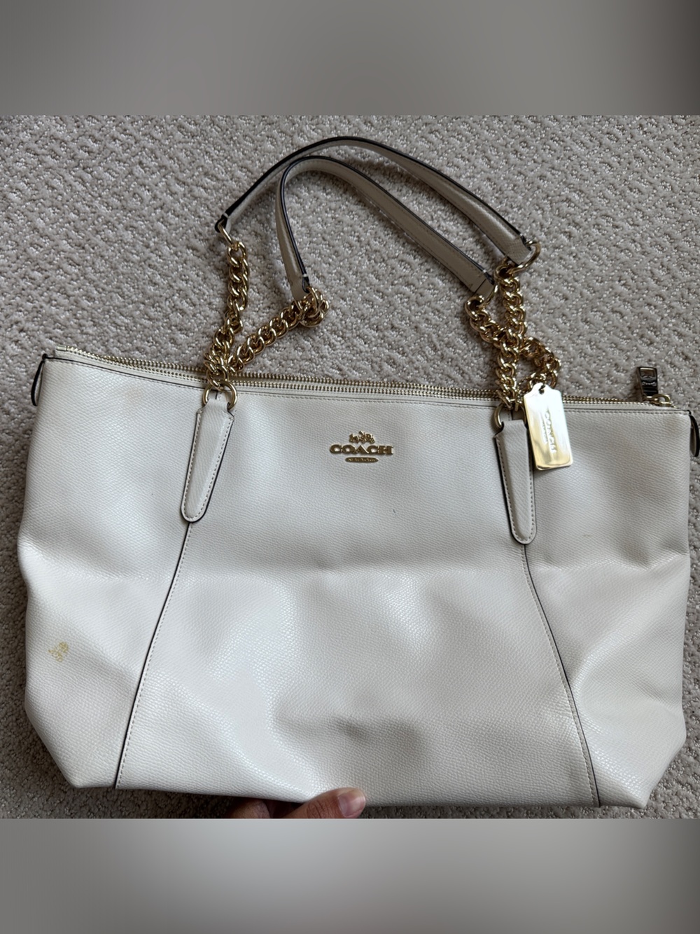 Coach Cream Pebble Leather Shoulder Tote with Gold Chain Straps